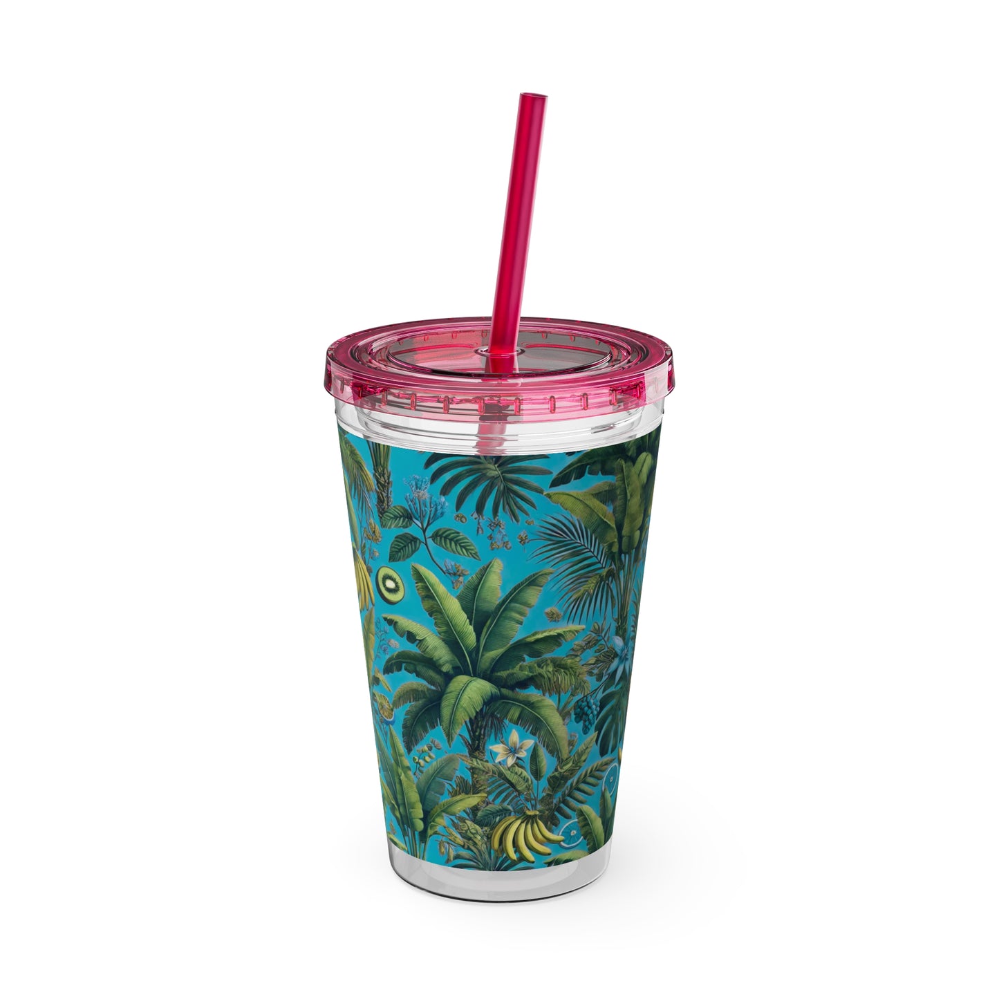 Tropical Tumbler with Straw | 16oz Colorful Travel Cup / More Tropical Fruit, Aqua Blue