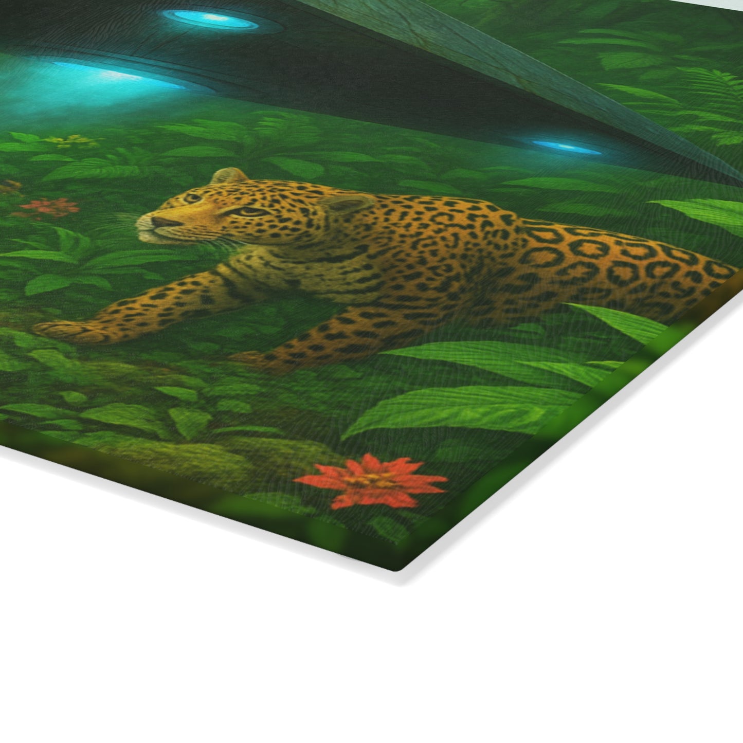Glass Cutting Board, 2 sizes - Rainforest UFO and Jaguars