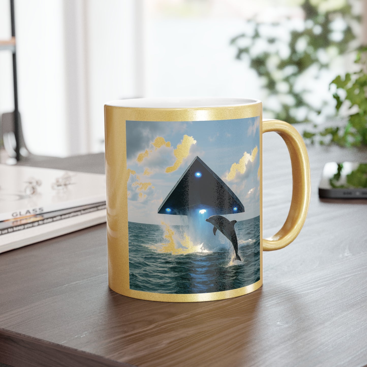 Tropical Metallic Mug, Gold or Silver - UFO & Dolphin