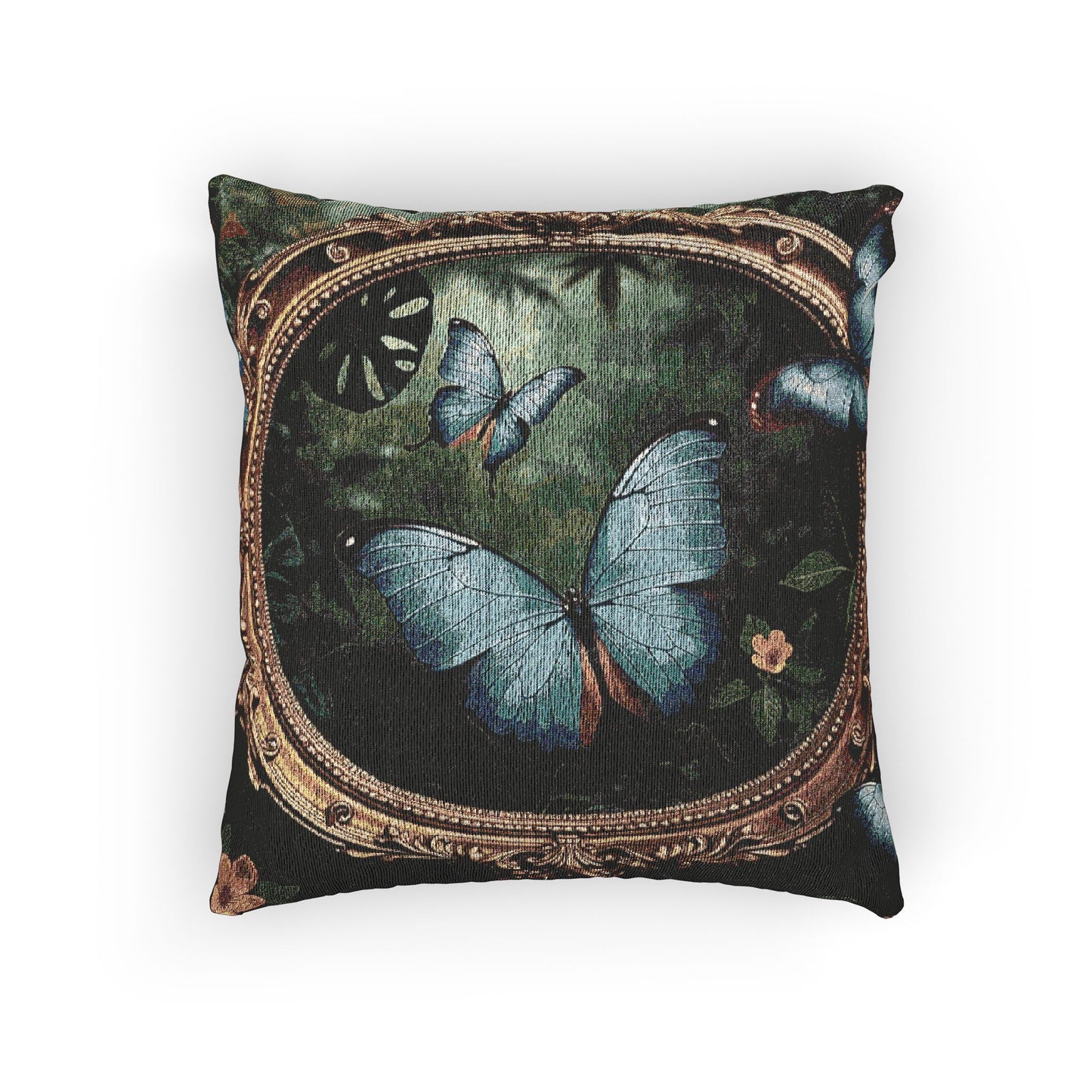 Woven Pillow, 17"W x 18"L - Framed Morpho Butterfly Dancers
