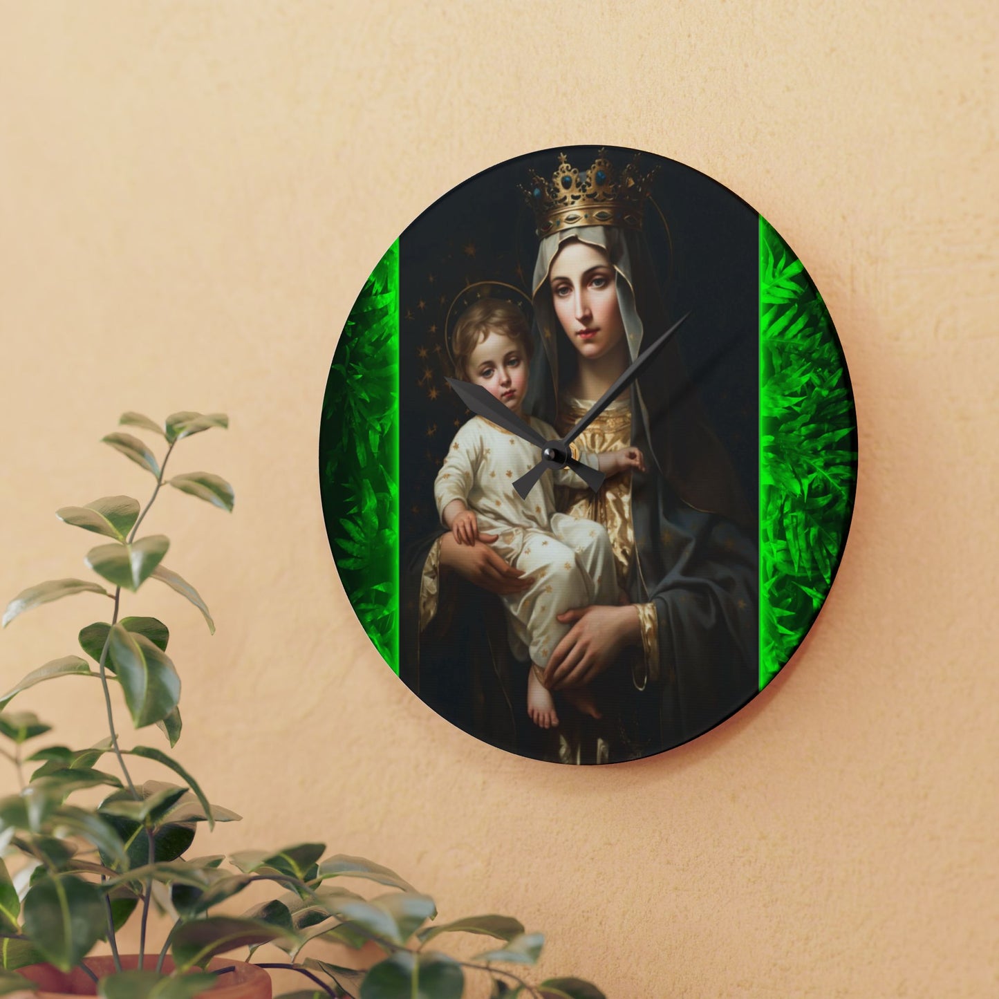 Tropical Our Lady of Mt. Carmel Acrylic Wall Clock - Elegant Religious Decor for Home and Office, 3 sizes