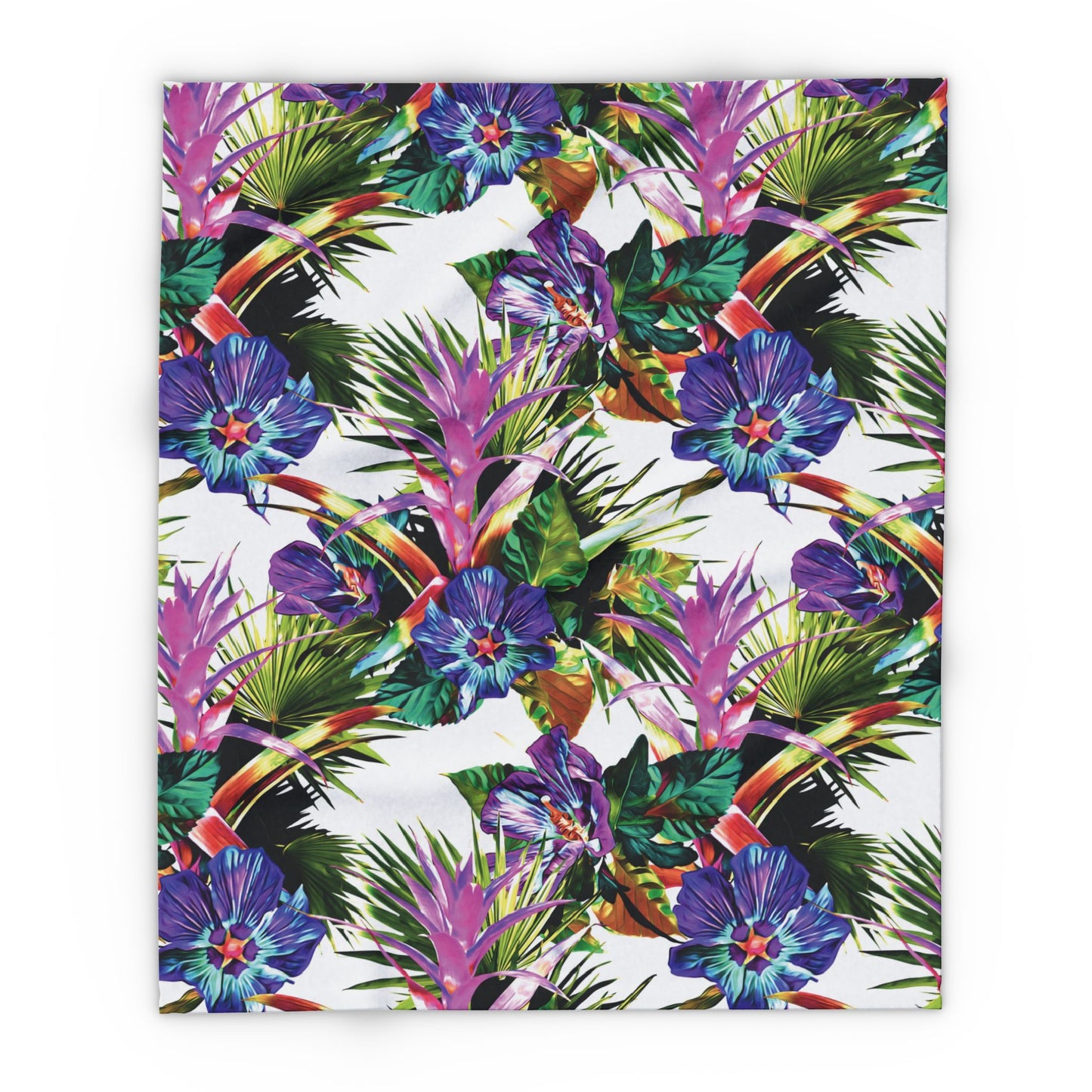 White Plant Palooza Fleece Blanket - Colorful Tropical Botanical Design