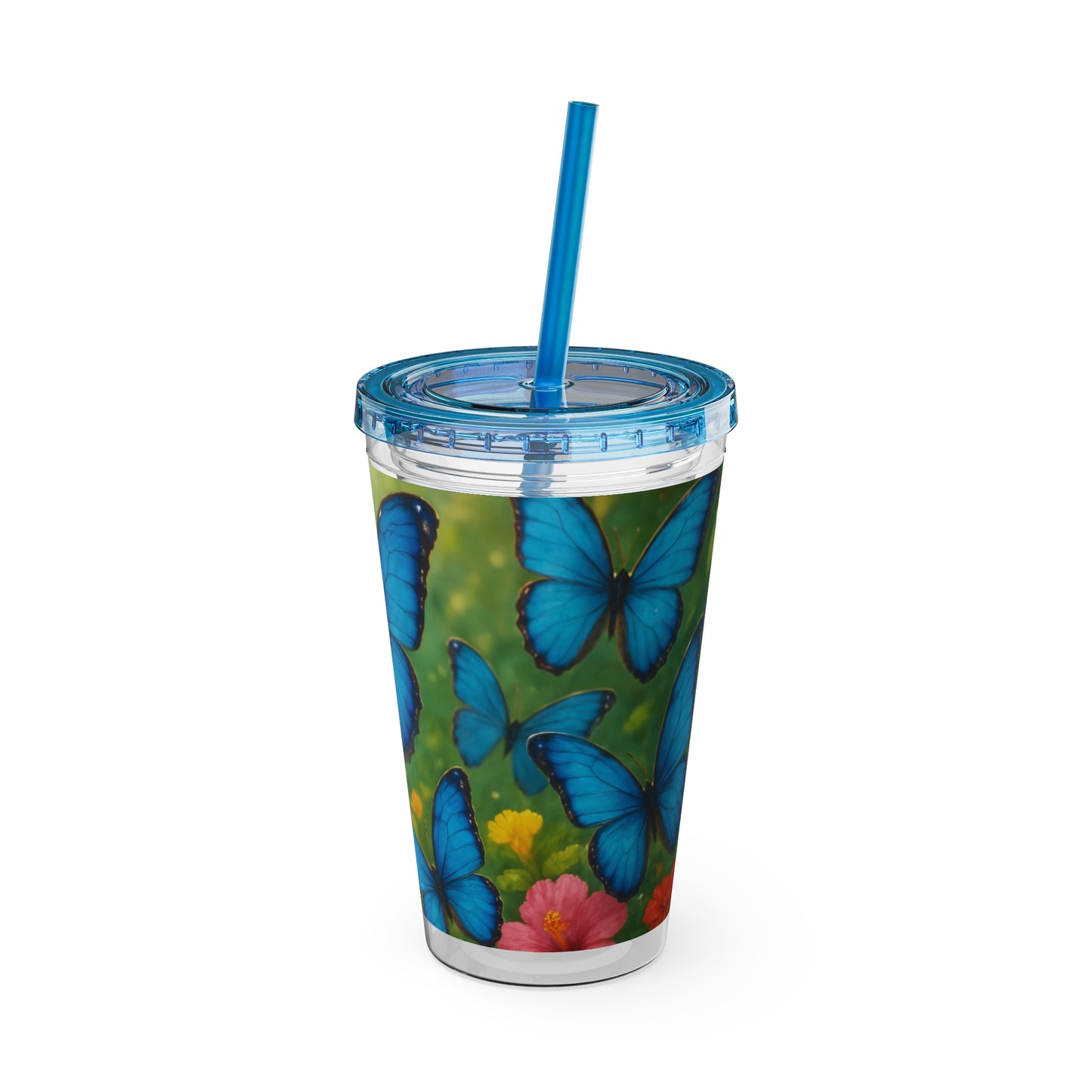 Tropical Tumbler with Straw | 16oz Colorful Travel Cup / Morpho Butterflies Flight