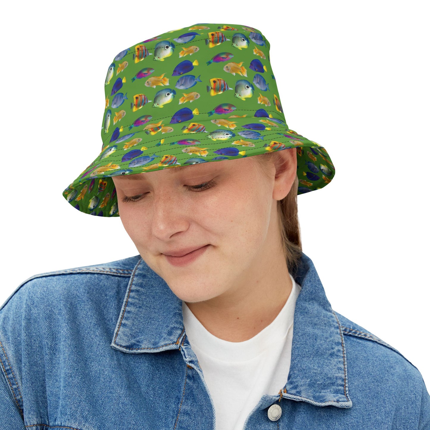 Tropical Polyester Bucket Hat, 2 Sizes - School of Fish / Light Green
