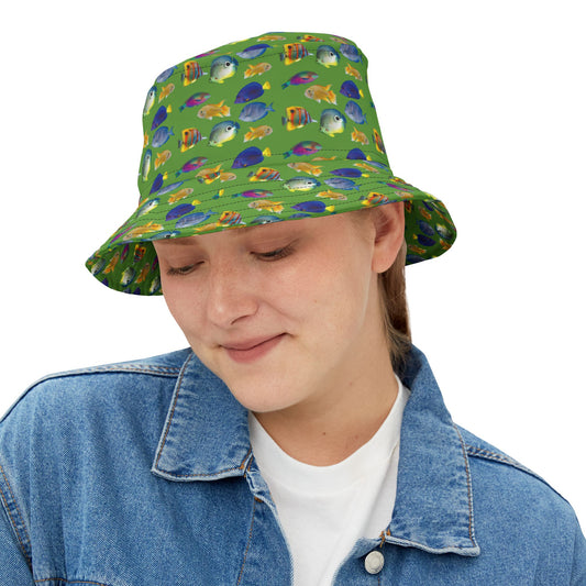 Tropical Polyester Bucket Hat, 2 Sizes - School of Fish / Light Green