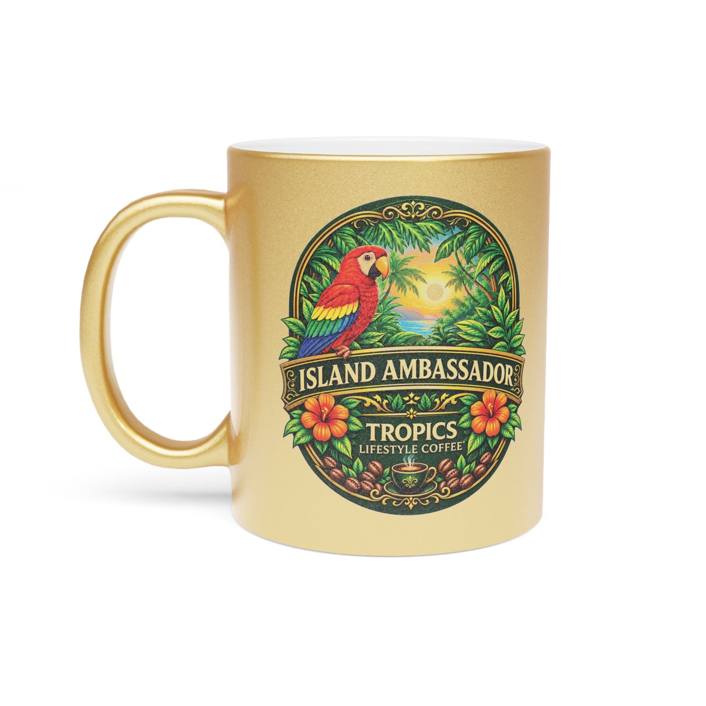 Island Ambassador Metallic Mug — Tropical Parrot Coffee Cup (Silver/Gold)