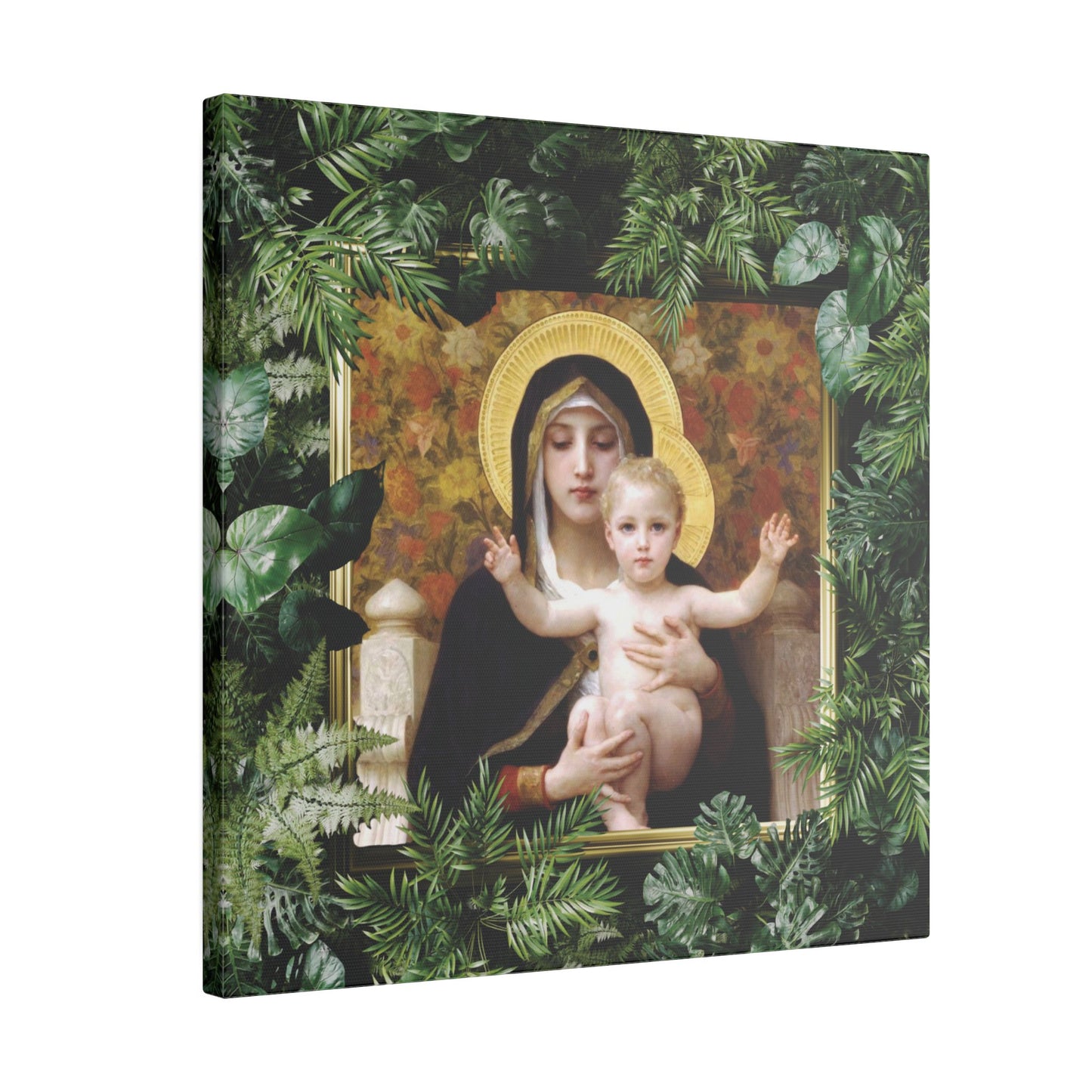 "Tropical Madonna of Lilies" Religious Canvas Artwork - Stretched Canvas Print / Virgin Mary & Jesus