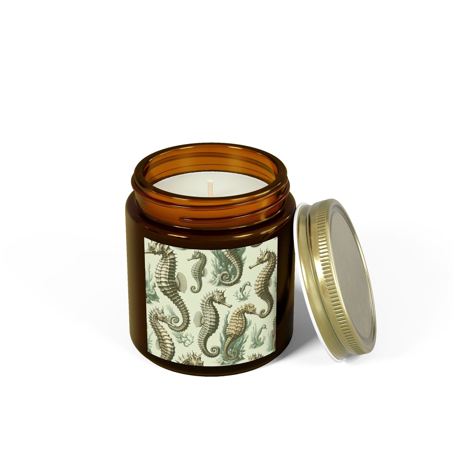 Tropical Green Toile Seahorses Scented Candles - Coconut Apricot Wax (4oz, 9oz)