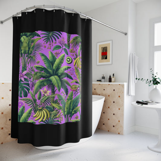 Tropical Shower Curtain - Rainforest Bathroom Decor / More Tropical Fruit/Deep Lilac, Black