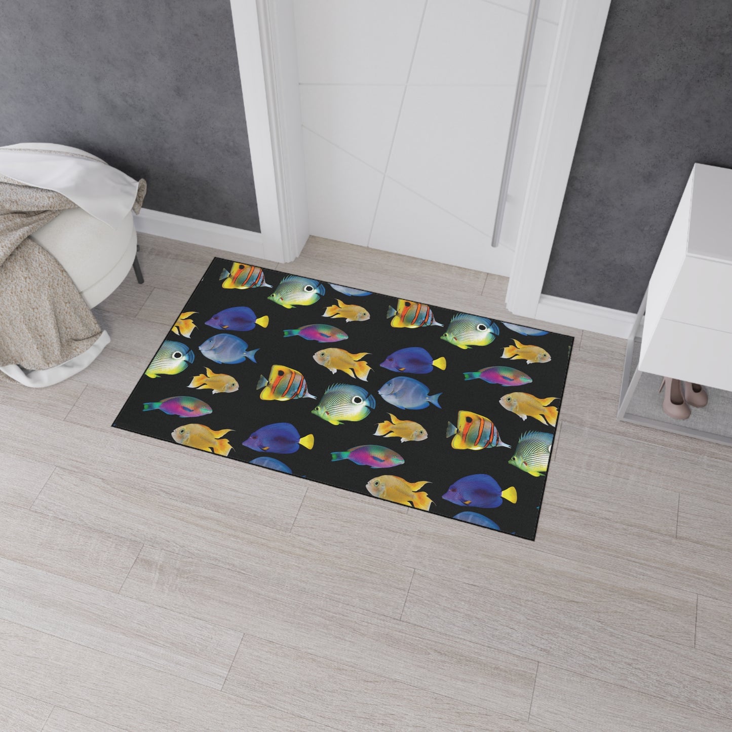 Heavy Duty Floor Mat, 5 Sizes – Tropical Area Rug for Home Décor / School of  Fish, Black