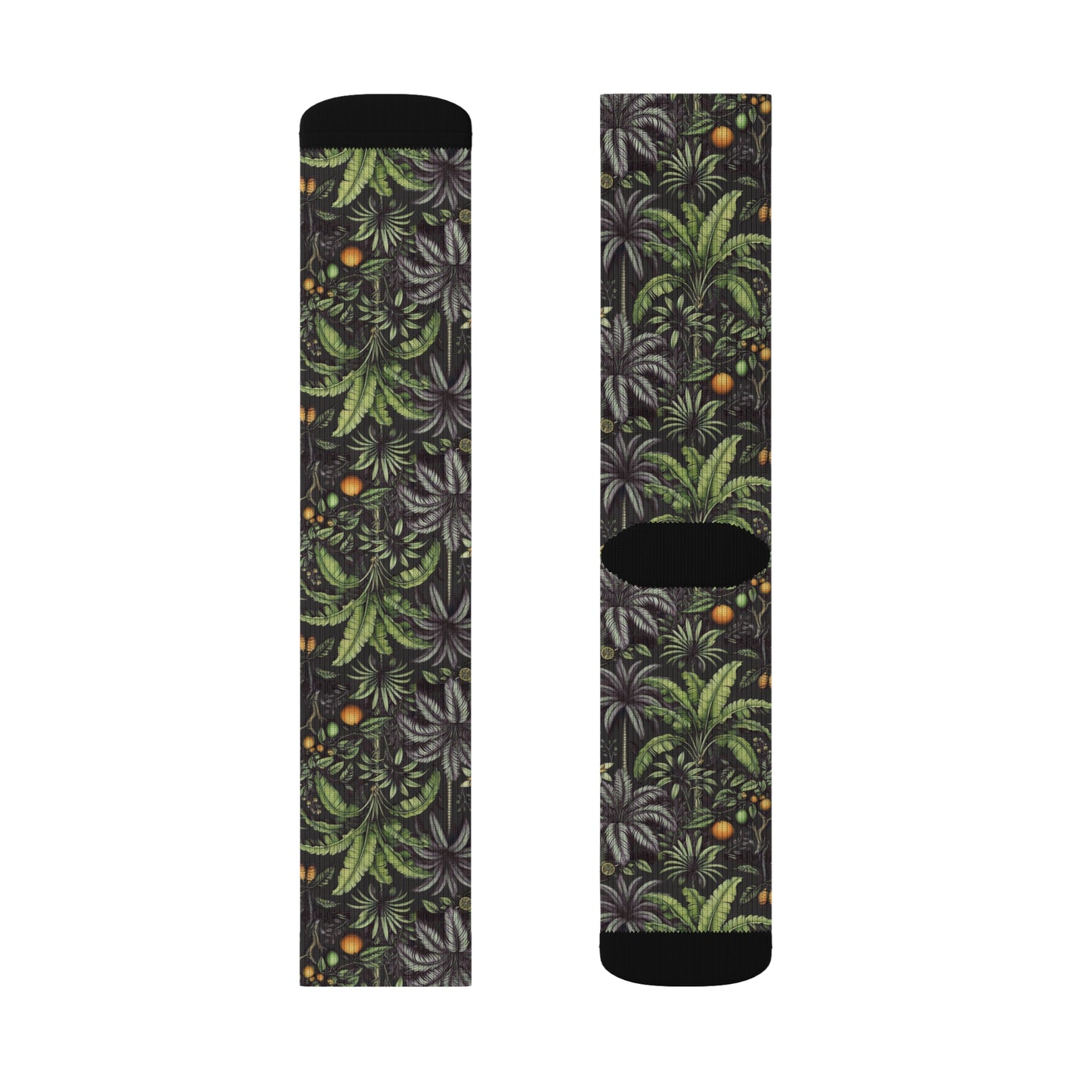 Tropical Fruit/Black Sublimation Fleece-Lined Socks - Colorful Palm Tree Design