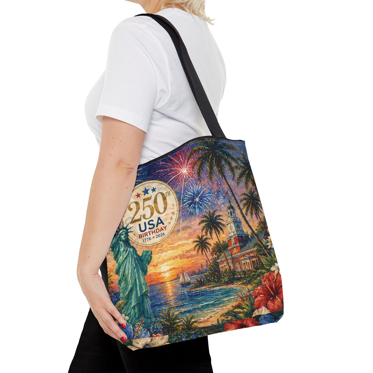 Tote Bag — 250th USA Birthday Patriotic Beach Tote with Statue of Liberty & Fireworks