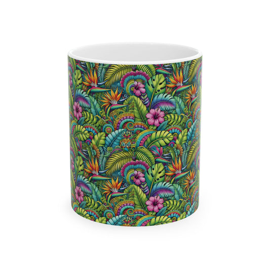 Ceramic White Mug - 11oz & 15oz, Rainforest Blooms