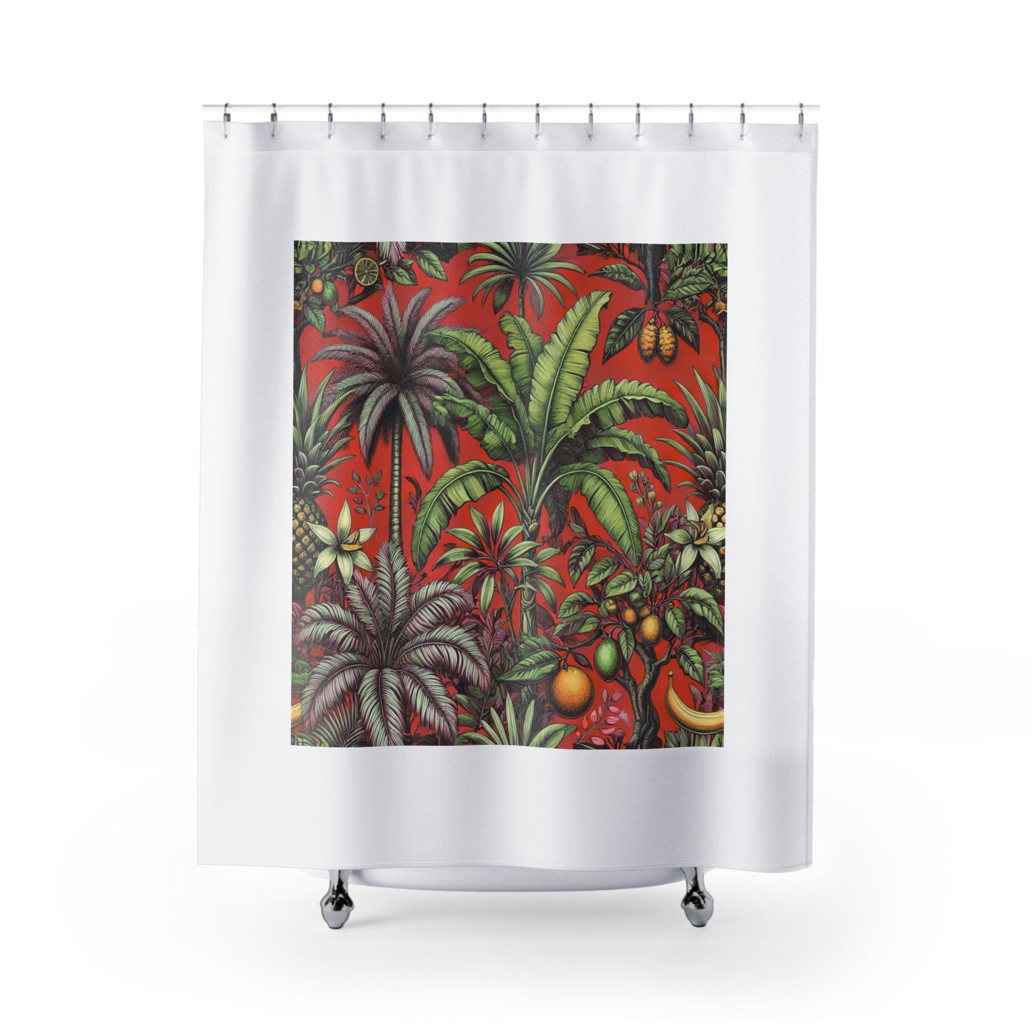 Palm Tree Shower Curtain - Ocean Bathroom Decor / Tropical Fruit/Red, White