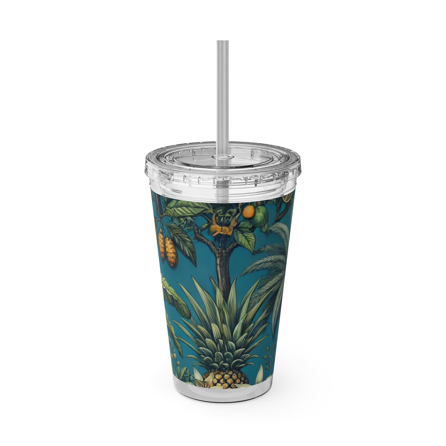 Tropical Tumbler with Straw | 16oz Colorful Travel Cup / Tropical Fruit Blue