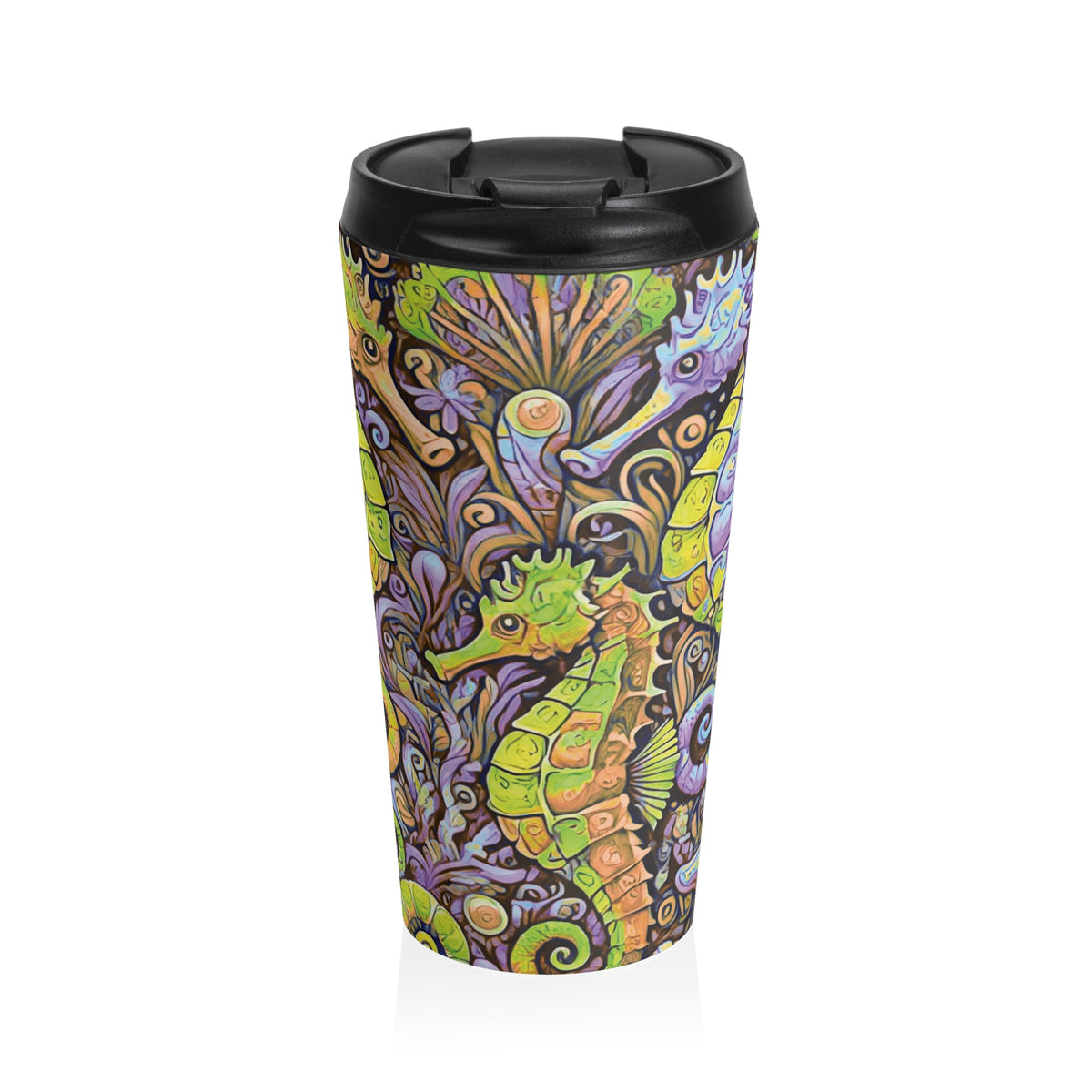 15 oz. Stainless Steel Travel Mug / Seahorse Trio, Purple & Yellow