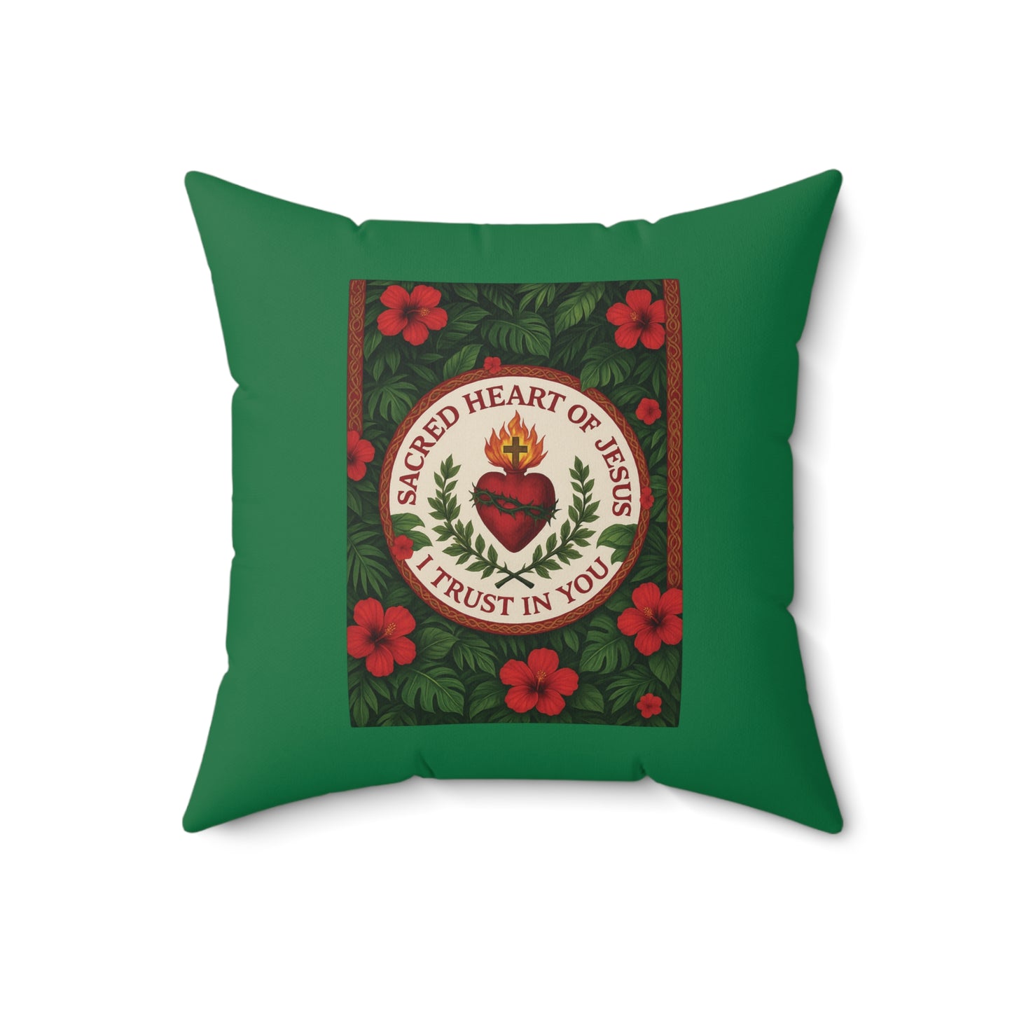 Religious Decorative Pillow - Accent Cushion, 4 Sizes / Sacred Heart of Jesus Prayer, Dark Green