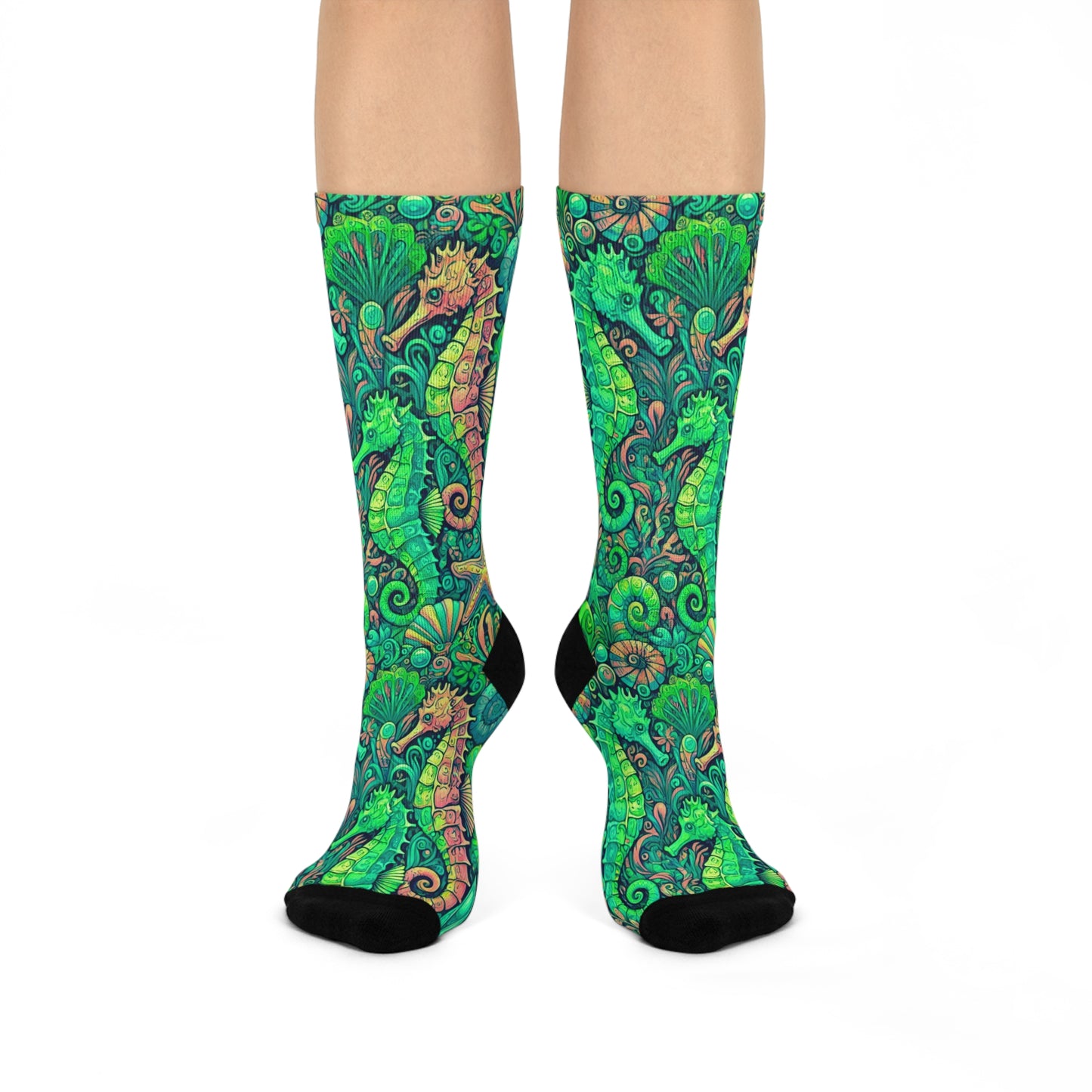 Cushioned Crew Socks - Seahorses, Hot Lime