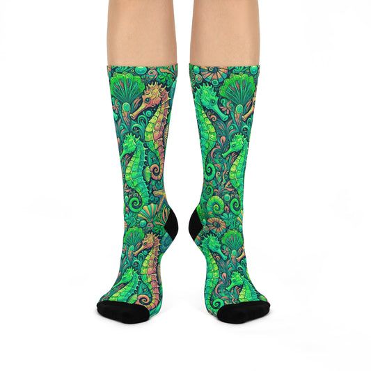 Cushioned Crew Socks - Seahorses, Hot Lime