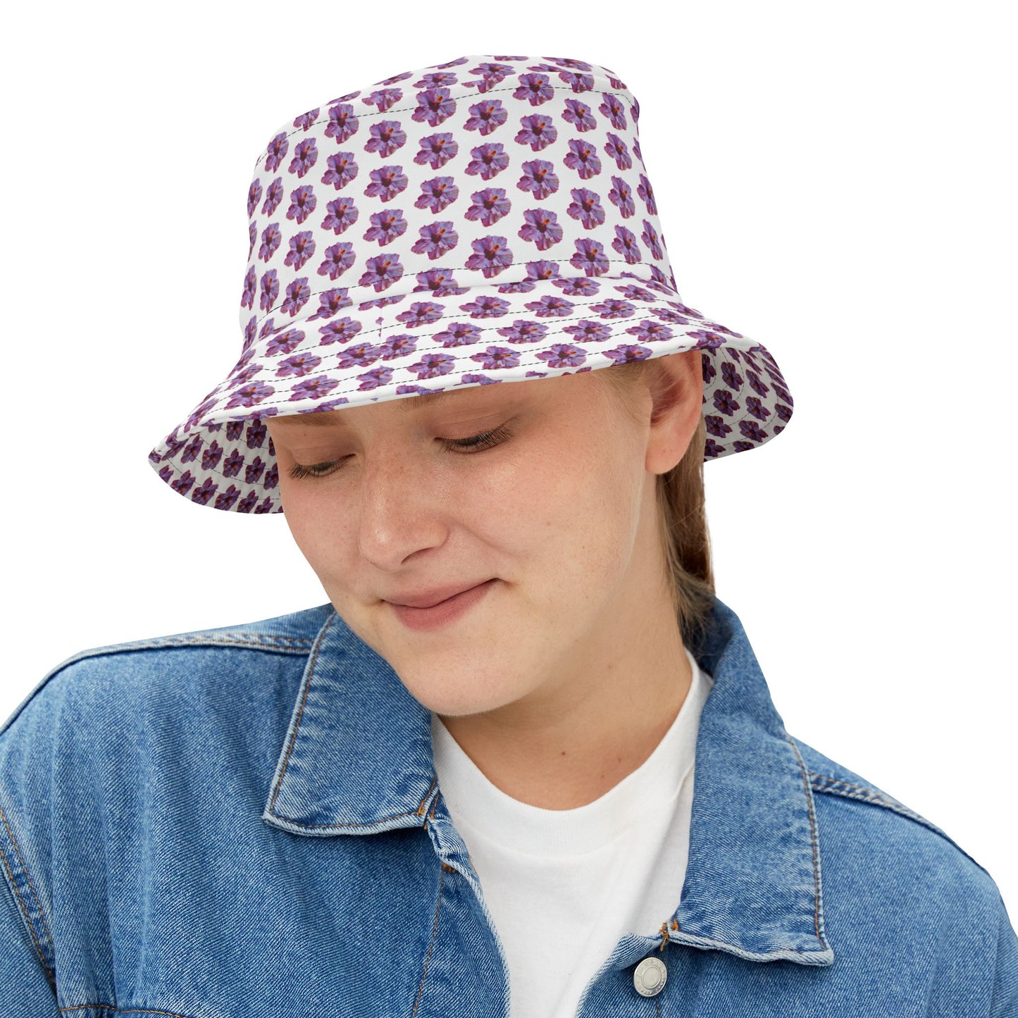 Tropical Polyester Bucket Hat, 2 Sizes - Purple Hibiscus/MICRO