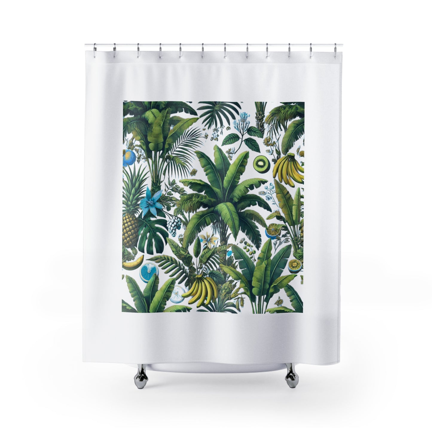 Palm Tree Shower Curtain - Ocean Bathroom Decor / Tropical Fruit/White, White