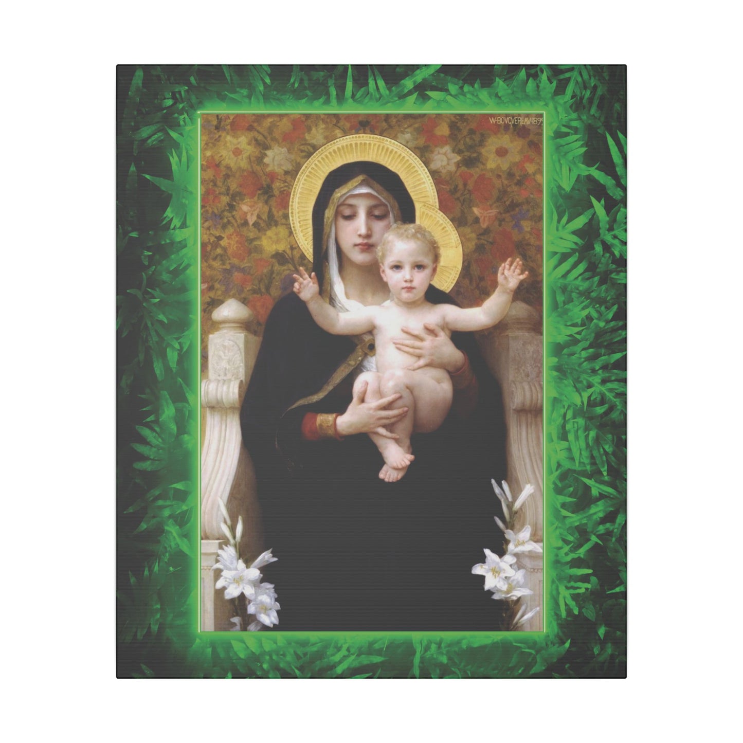 "Tropical Rainforest Madonna of Lilies" Religious Canvas Artwork - Stretched Canvas Print / Virgin Mary & Jesus