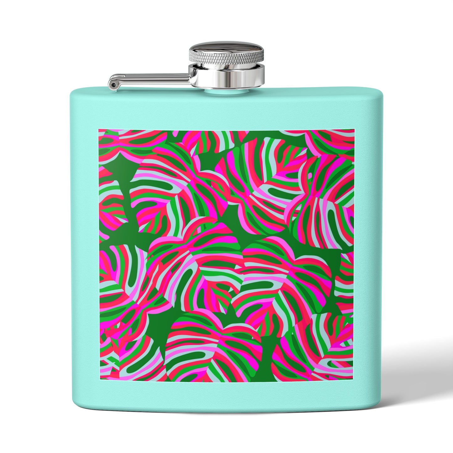 Tropical Stainless Steel 6 oz. Flask, Many Colors  – Neon Monstera Party