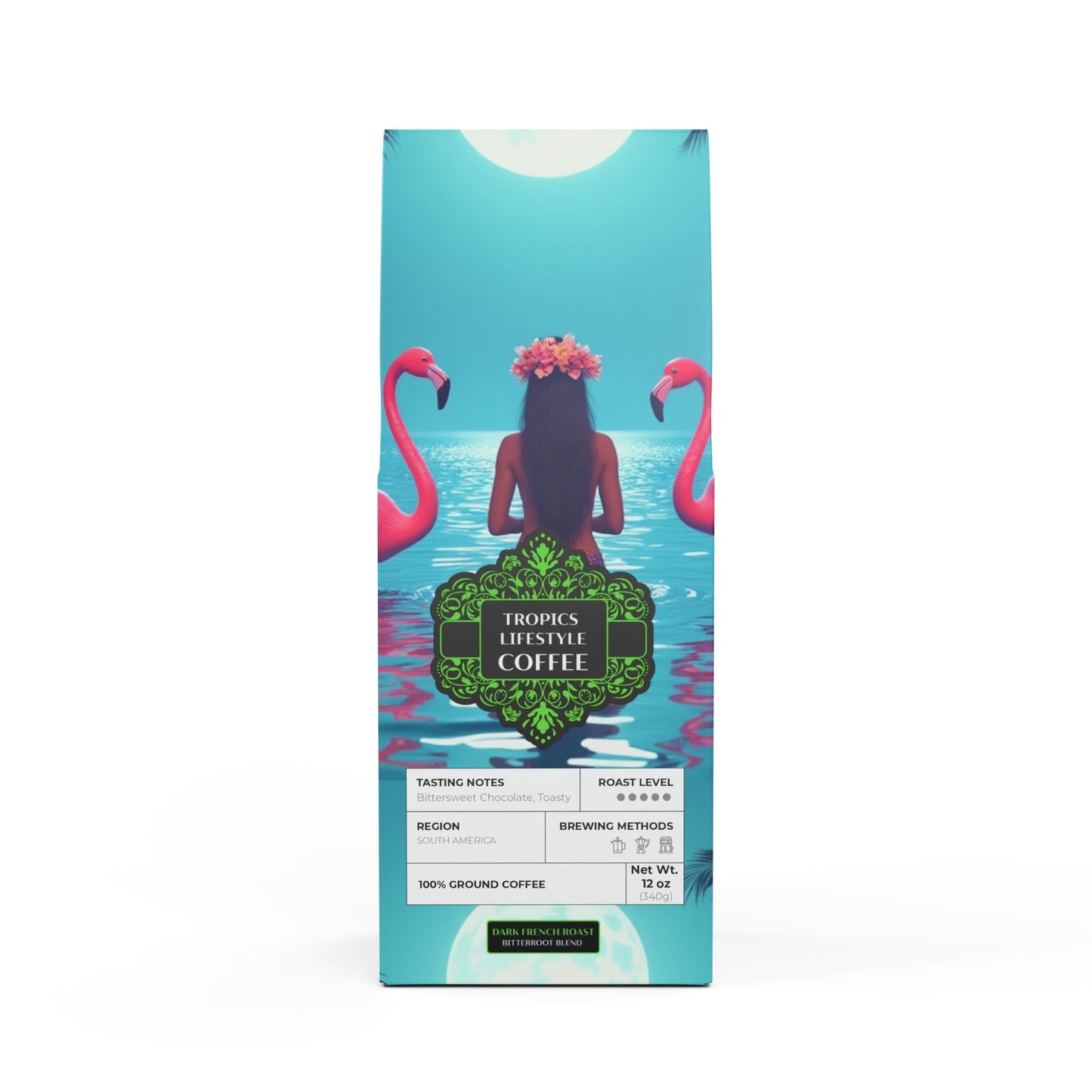 Black Coral Blend™ (Dark French Roast) Specialty Grade Craft Coffee / Moonlit Mermaid and Flamingos