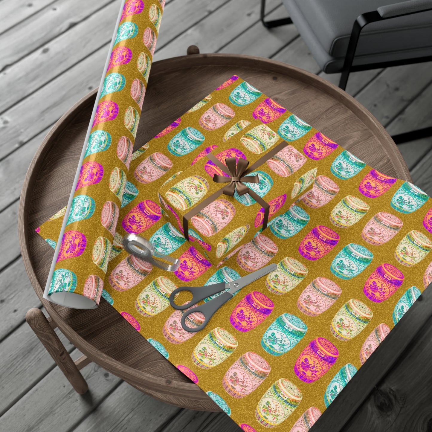 Wrapping Paper - Tropical Gift Wrap for All Occasions / 3 Sizes, 2 Finishes /Pop Art Porcelain Stools, Gold