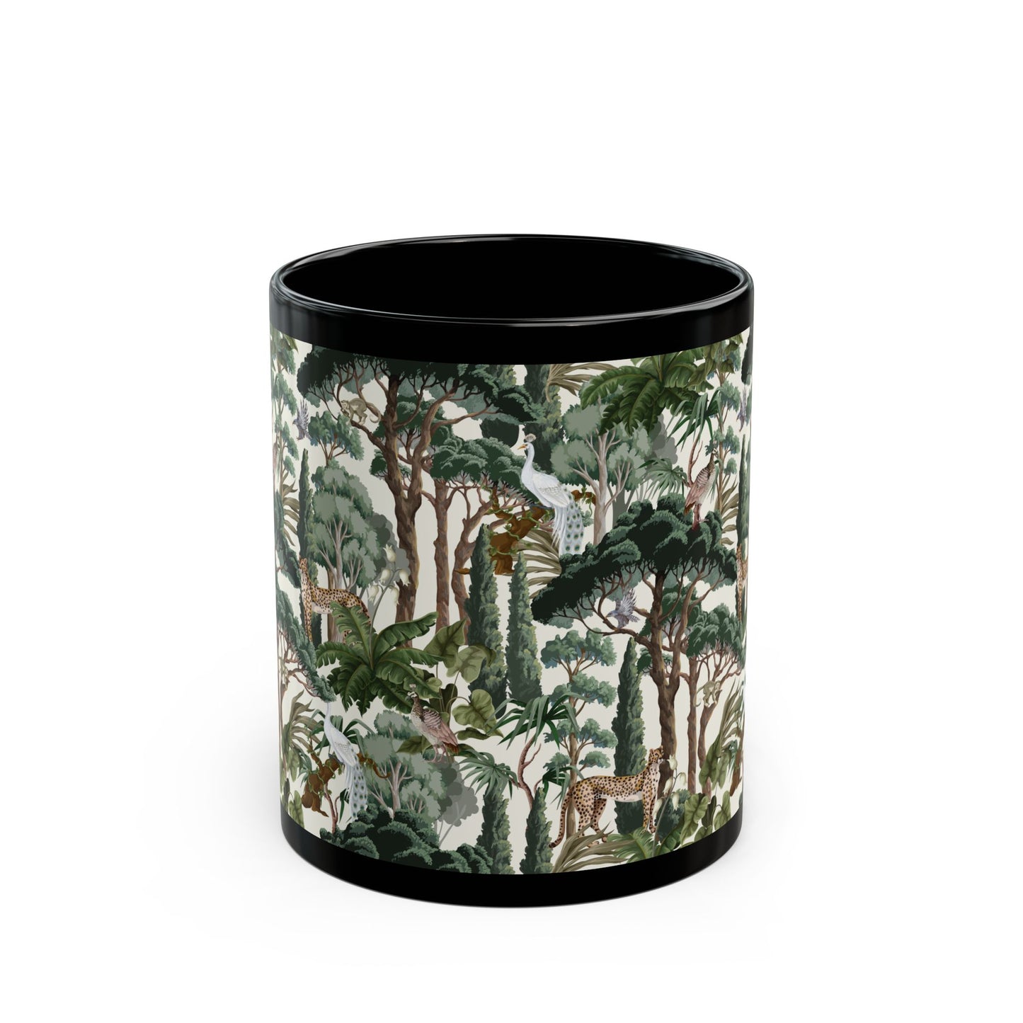 Black Mug (11oz, 15oz), Hiding Peacocks, White