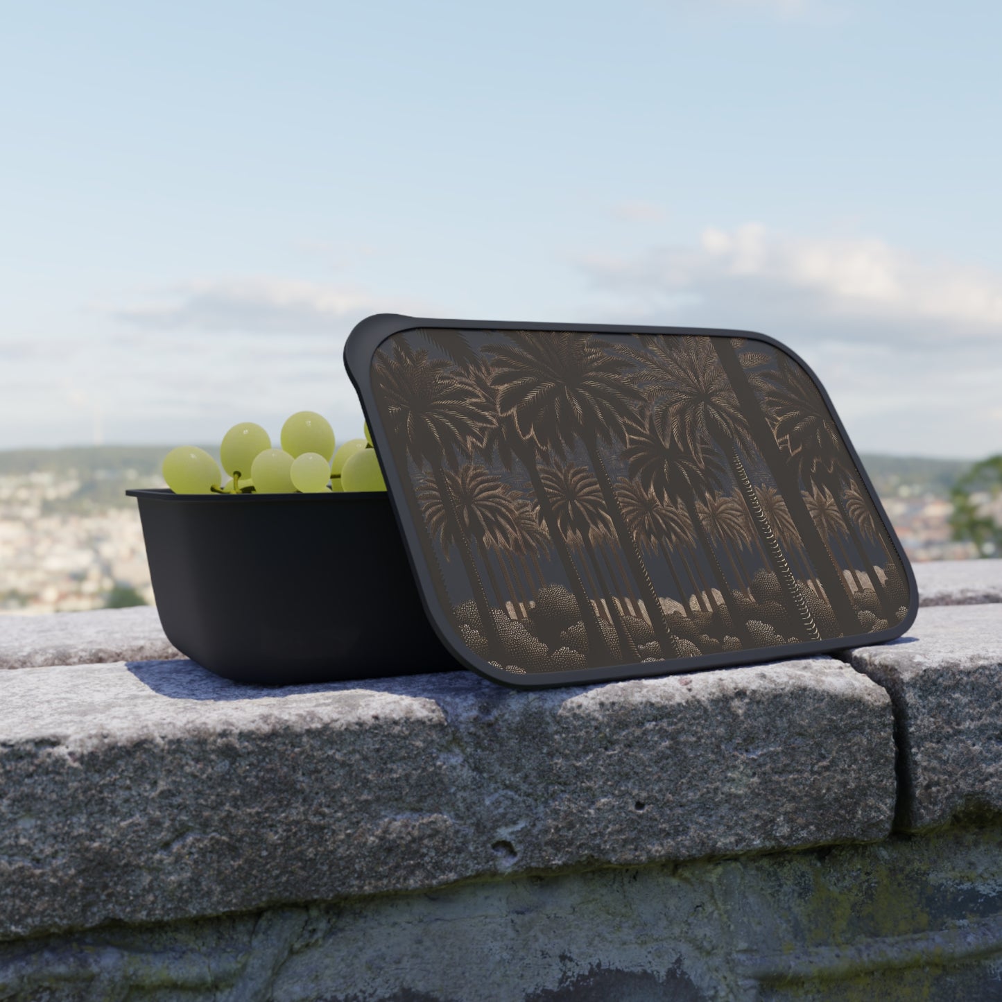 Bento Box with Utensils - Woodcut Palm Grove, Black