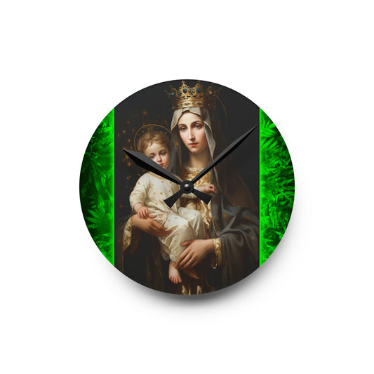 Tropical Our Lady of Mt. Carmel Acrylic Wall Clock - Elegant Religious Decor for Home and Office, 3 sizes