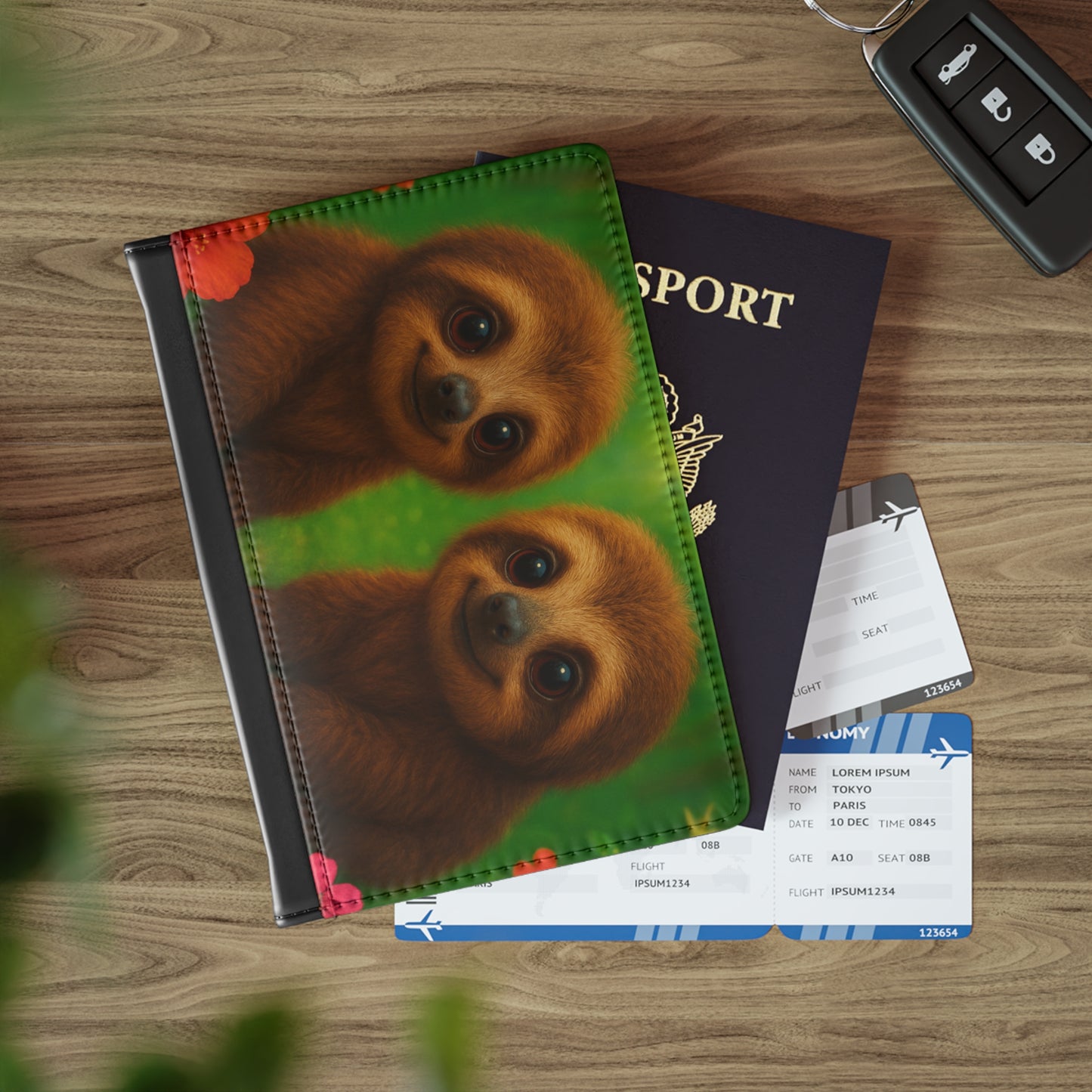 Tropical Passport Cover, Faux Leather - RFID blocking for travel security / Rainforest Baby Sloths