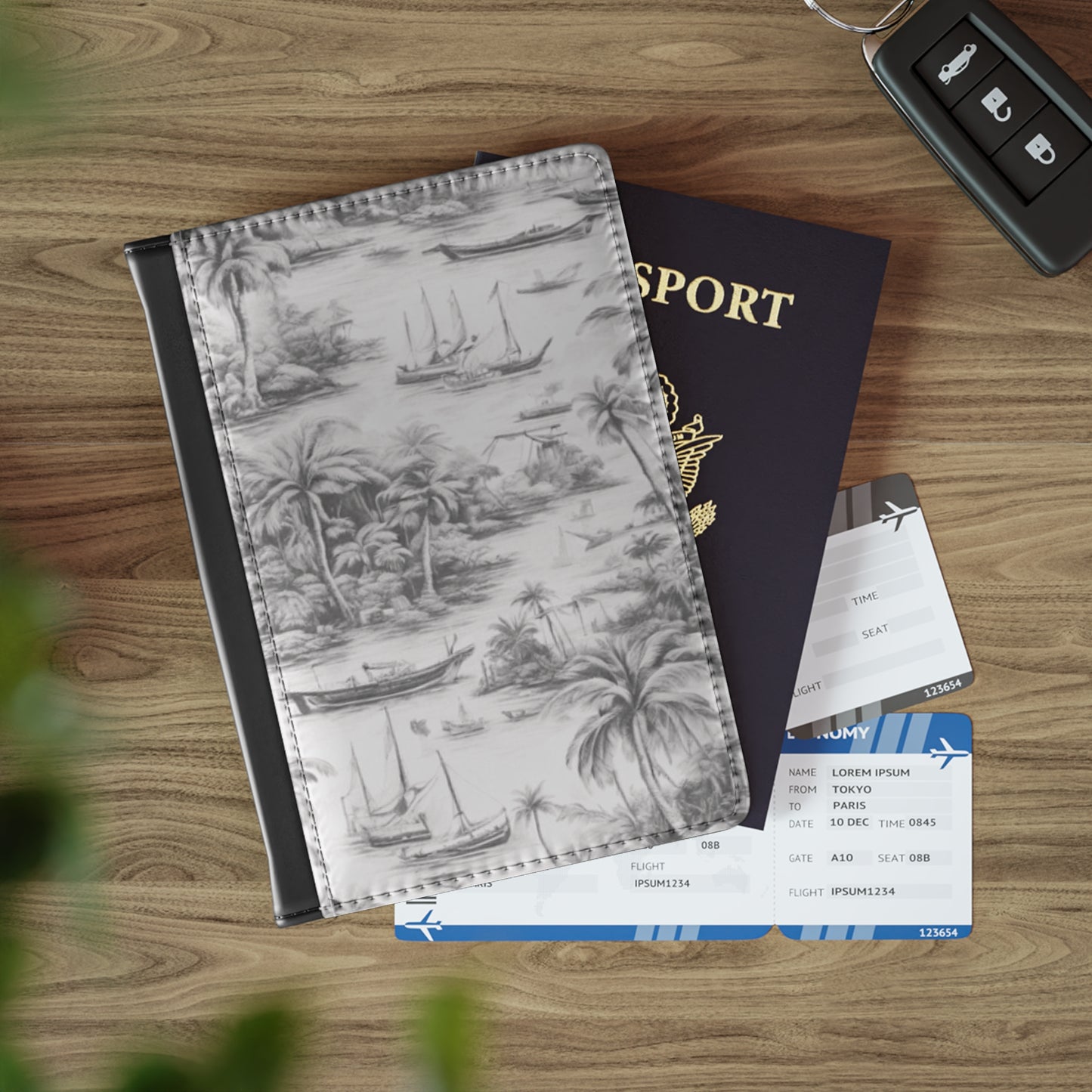 Tropical Passport Cover, Faux Leather - RFID blocking for travel security / Tropical Toile, Soft Black