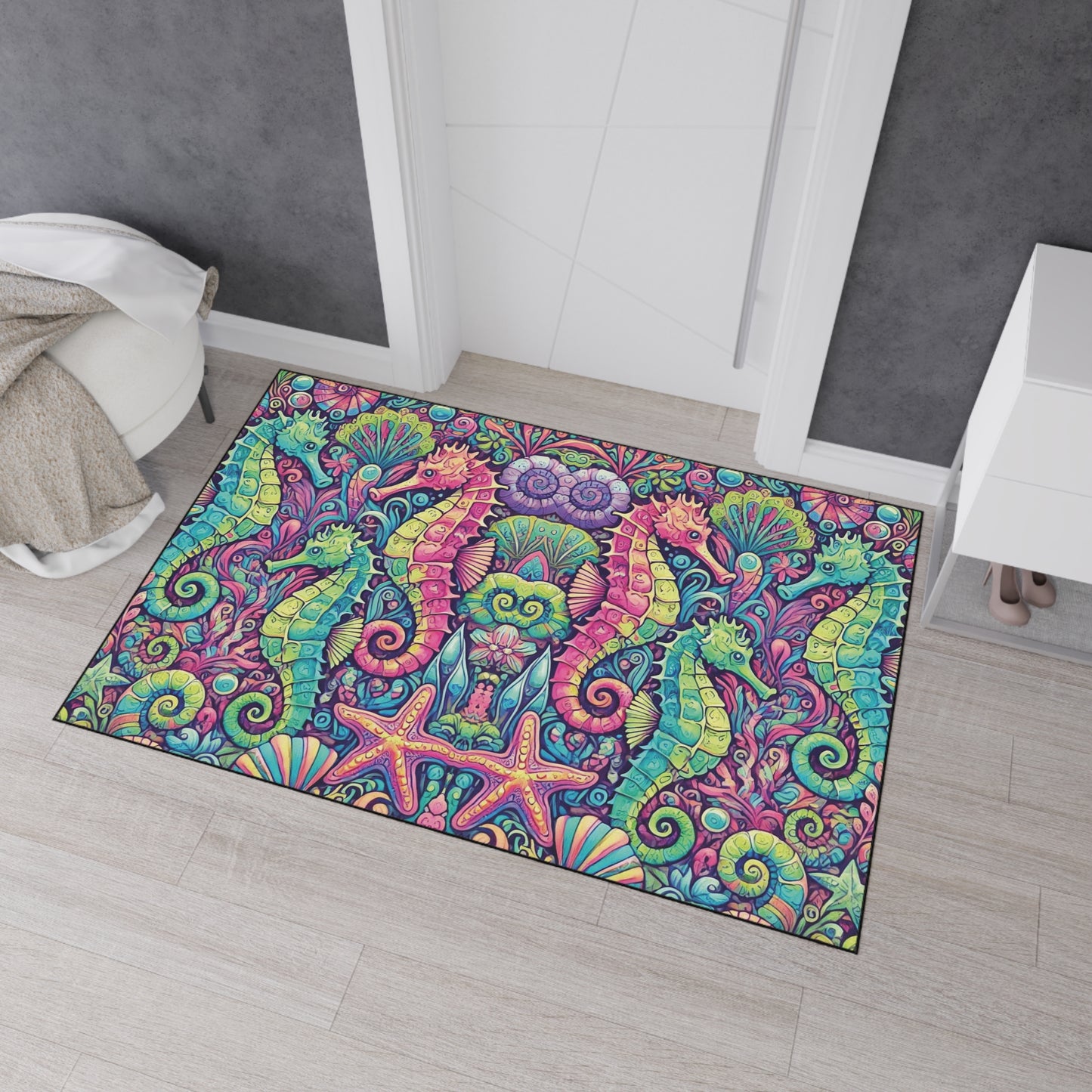 Heavy Duty Floor Mat, 5 Sizes – Tropical Area Rug for Home Décor / Seahorses
