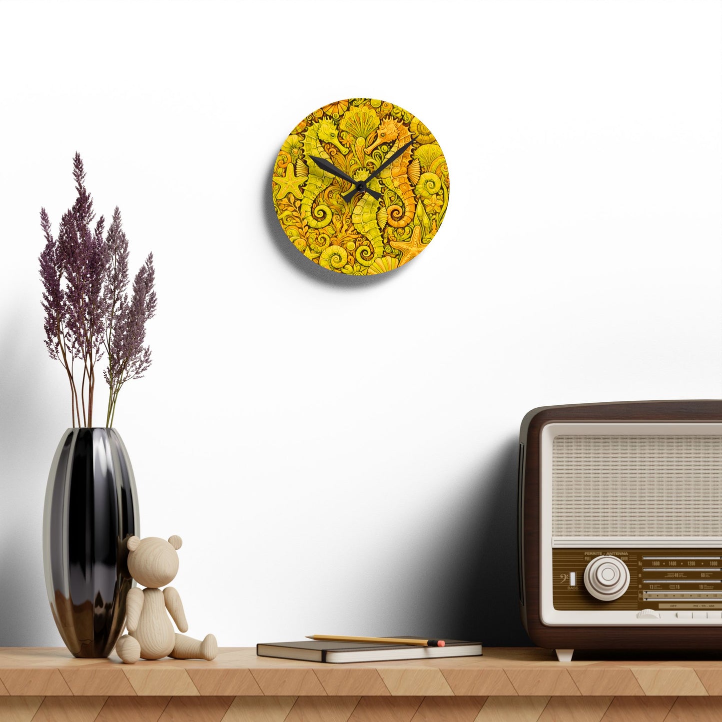 Acrylic Wall Clock / Seahorse Trio, Yellow