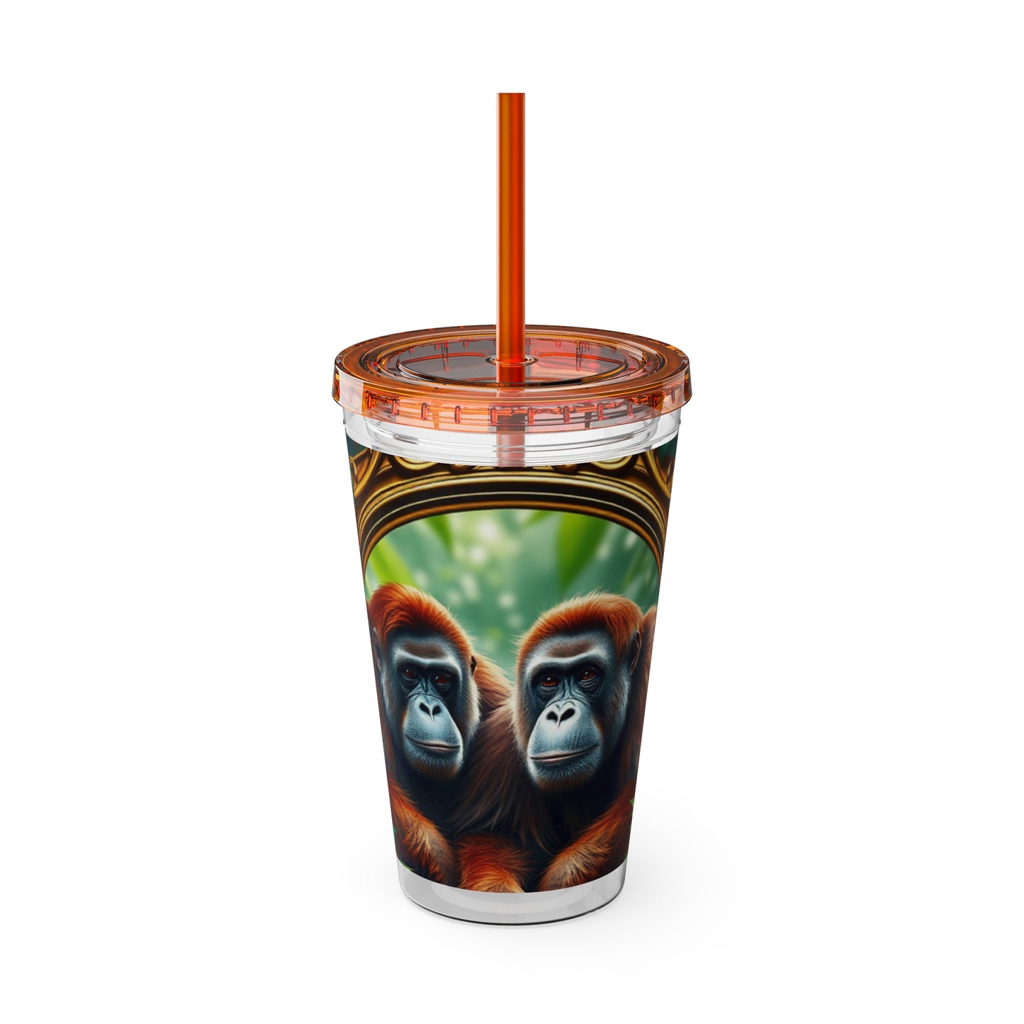 Tropical Tumbler with Straw | 16oz Colorful Travel Cup / Framed Orangutan Apes