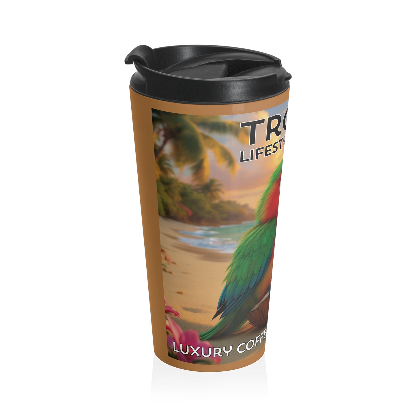 15 oz. Stainless Steel Travel Mug / Parrot Tiki on Beach