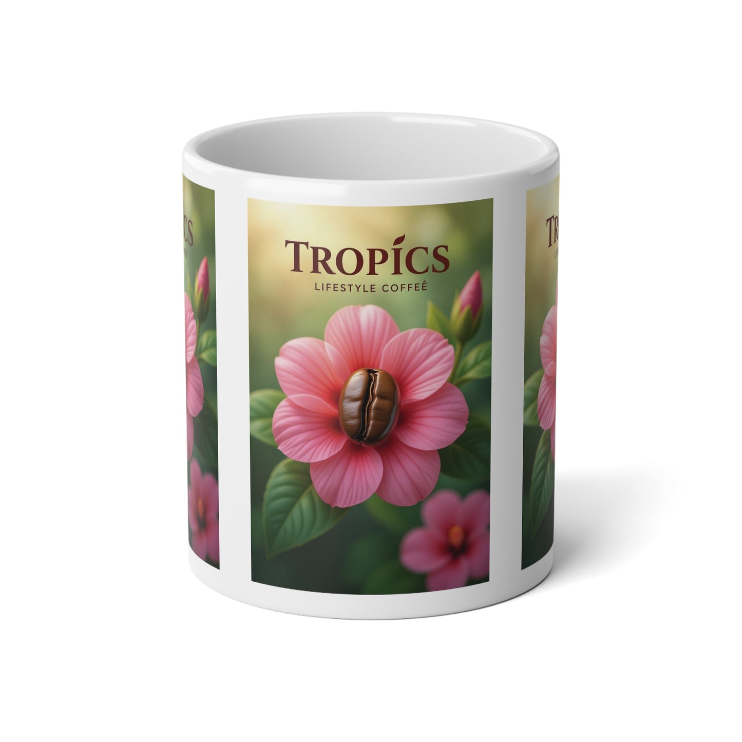 Jumbo Mug, 20oz, Pink Flower/Bean TLCoffee Logo | Tropical Coffee Cup