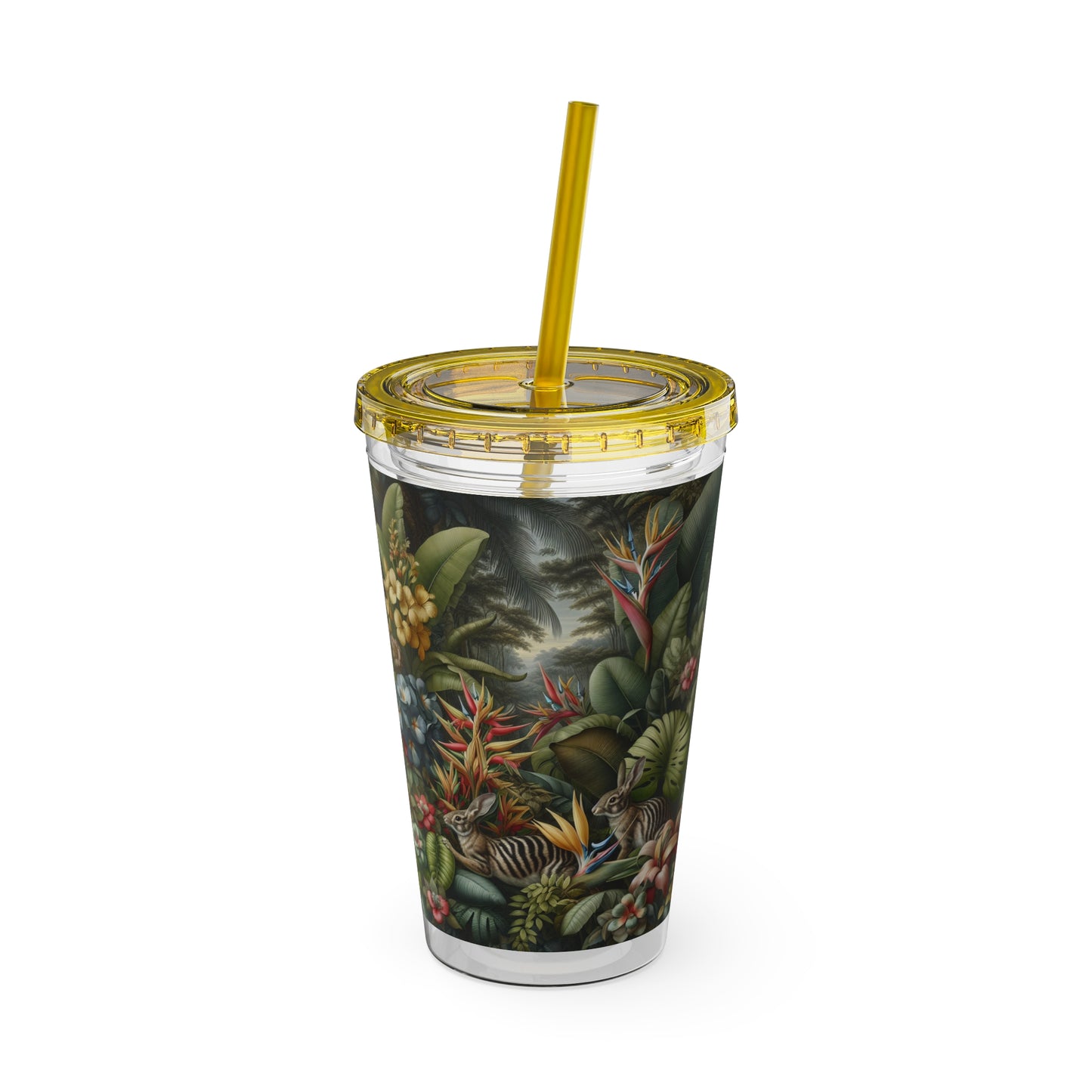 Tropical Tumbler with Straw | 16oz Colorful Travel Cup / Rainforest Rabbit Outing