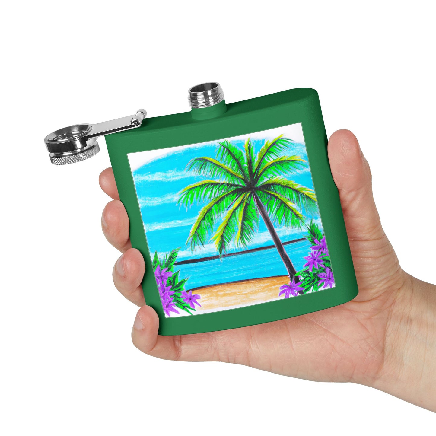 Tropical Stainless Steel Flask - 6oz Travel Drinkware for Beach Lovers / Calm Beach