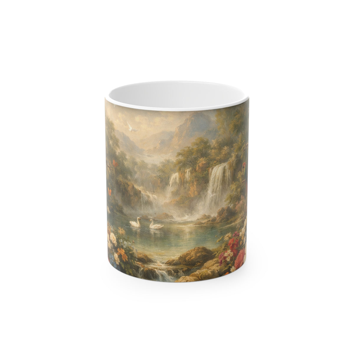 Heat-Activated Coffee Mug — Vintage Rainforest Waterfall Scene