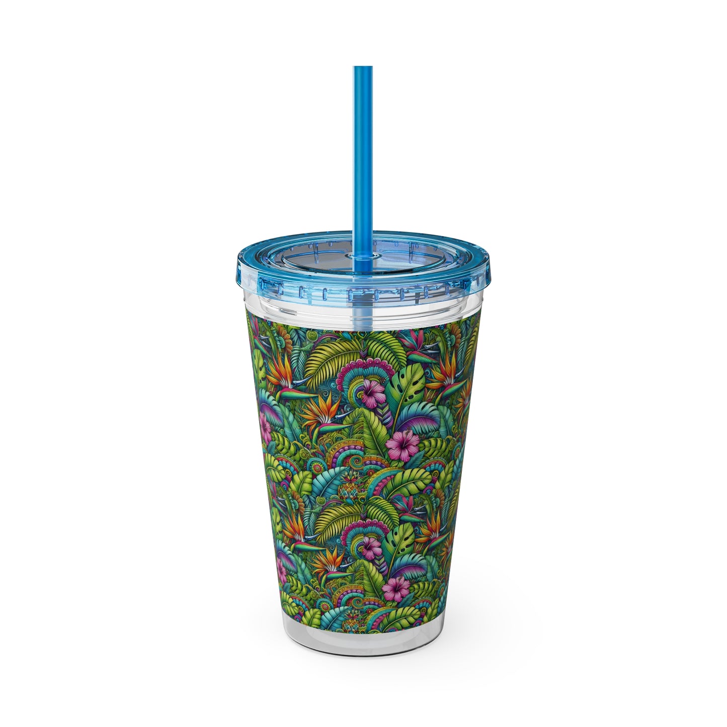 Tropical Tumbler with Straw | 16oz Colorful Travel Cup / Rainforest Blooms