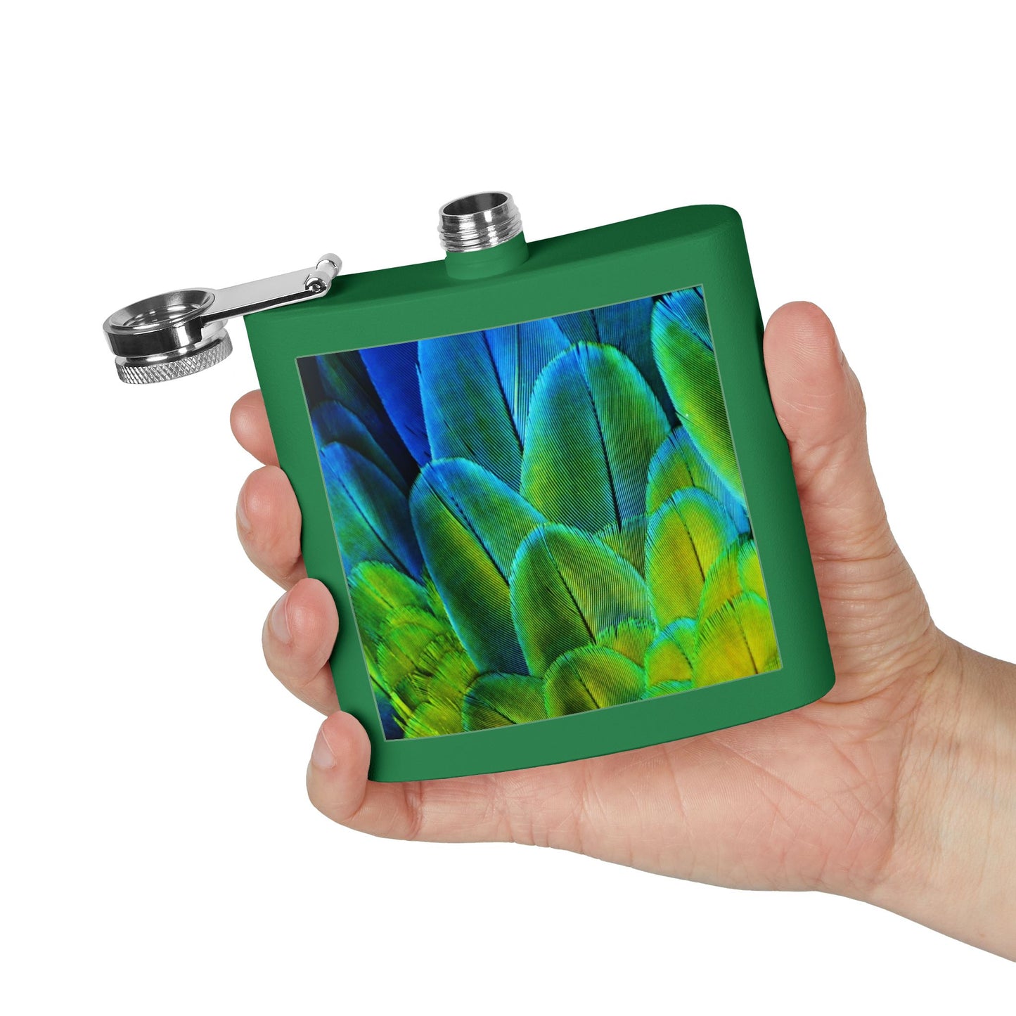 Tropical Stainless Steel 6 oz. Flask, Many Colors  – Shimmering Peacock Plumes