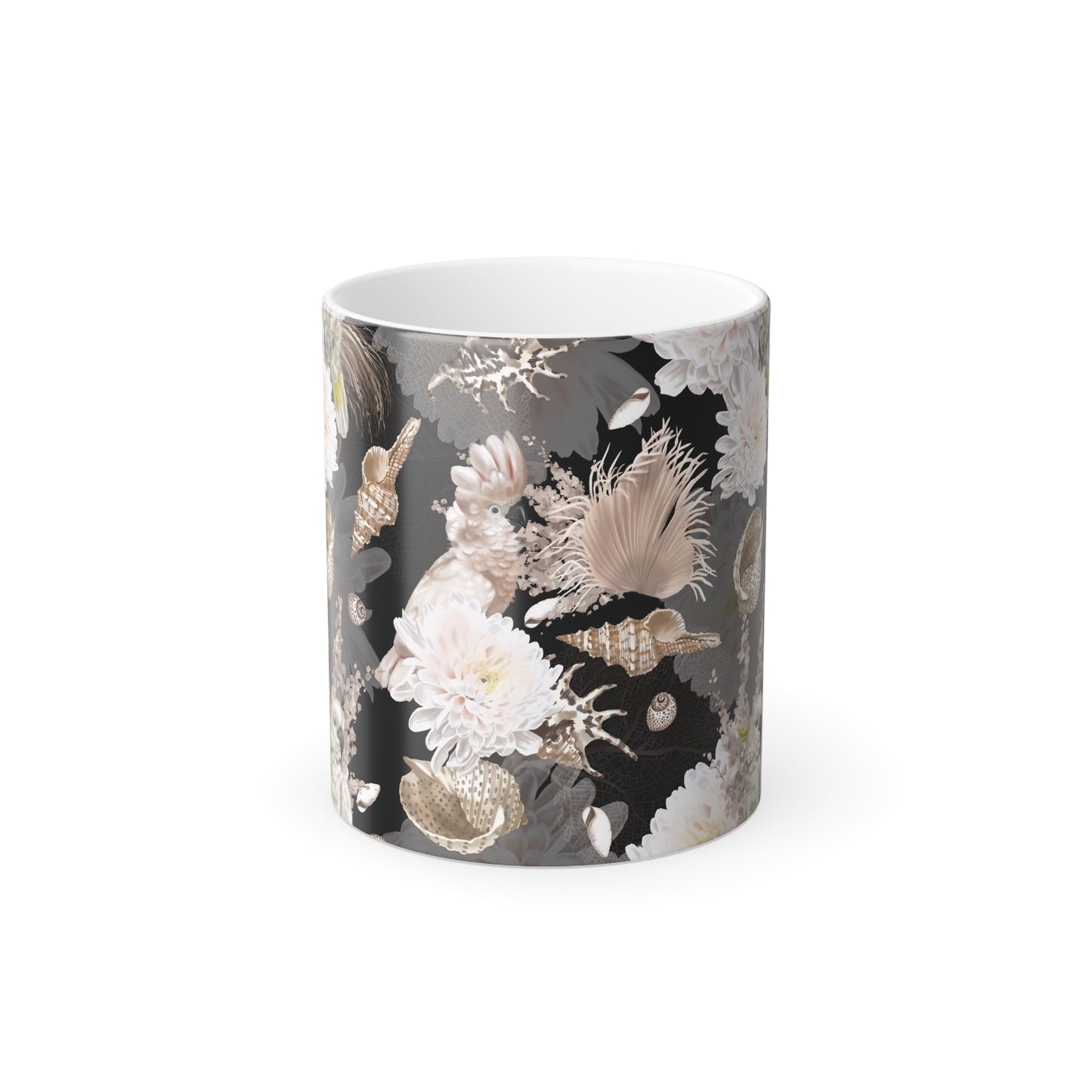 Color Morphing Mug, 11oz, Parrots, Flowers and Seashells