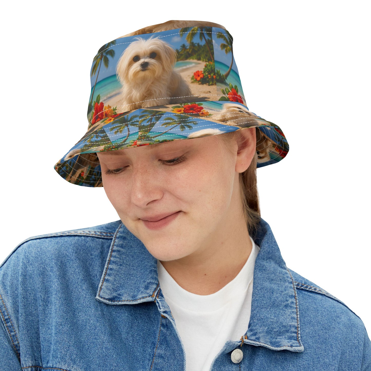 Tropical Polyester Bucket Hat, 2 Sizes - Puppy Ariel the Dog at the Beach