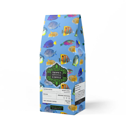 Black Coral Blend™ (Dark French Roast) Specialty Grade Craft Coffee / School of Fish, Lt. Blue