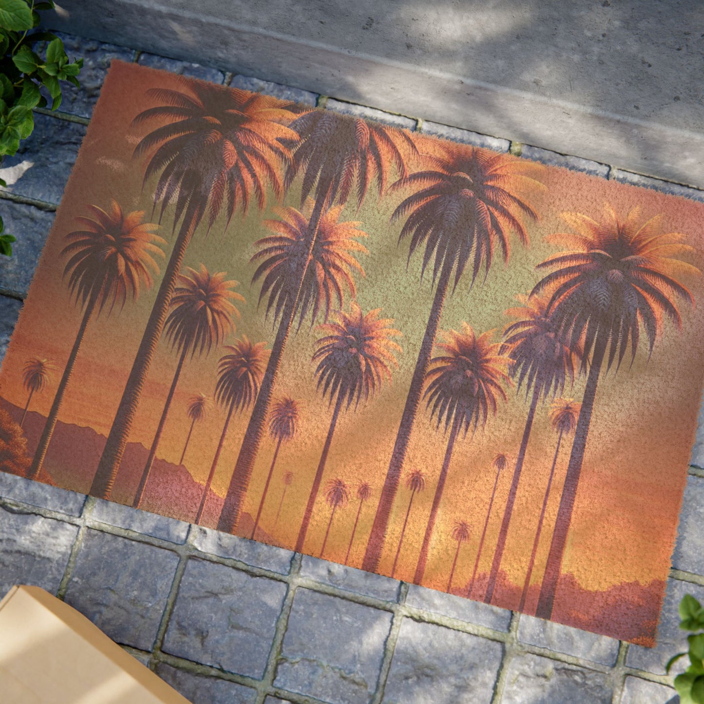 Tropical Palm Tree Doormat - Vibrant Coconut Fiber Entrance Mat / Sunset Palms