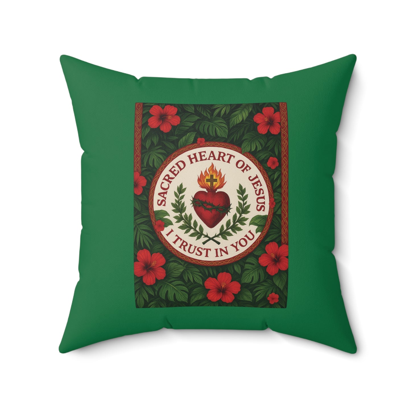 Religious Decorative Pillow - Accent Cushion, 4 Sizes / Sacred Heart of Jesus Prayer, Dark Green