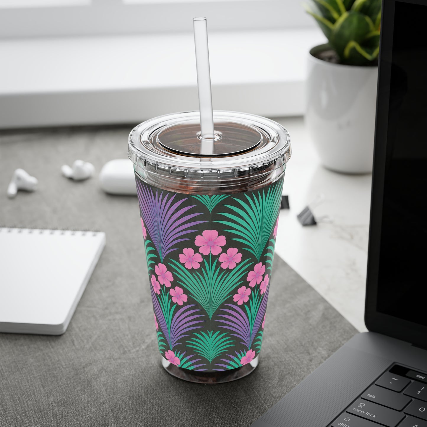 Tropical Tumbler with Straw | 16oz Colorful Travel Cup / Midnight Hibiscus Deco, Pink